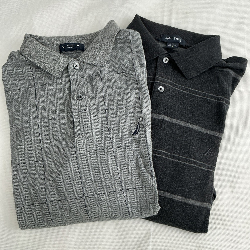 Lot of 2 VTG 90s Nautica Polo Shirts Men’s Small Gray Stripes Plaid Long Sleeves
